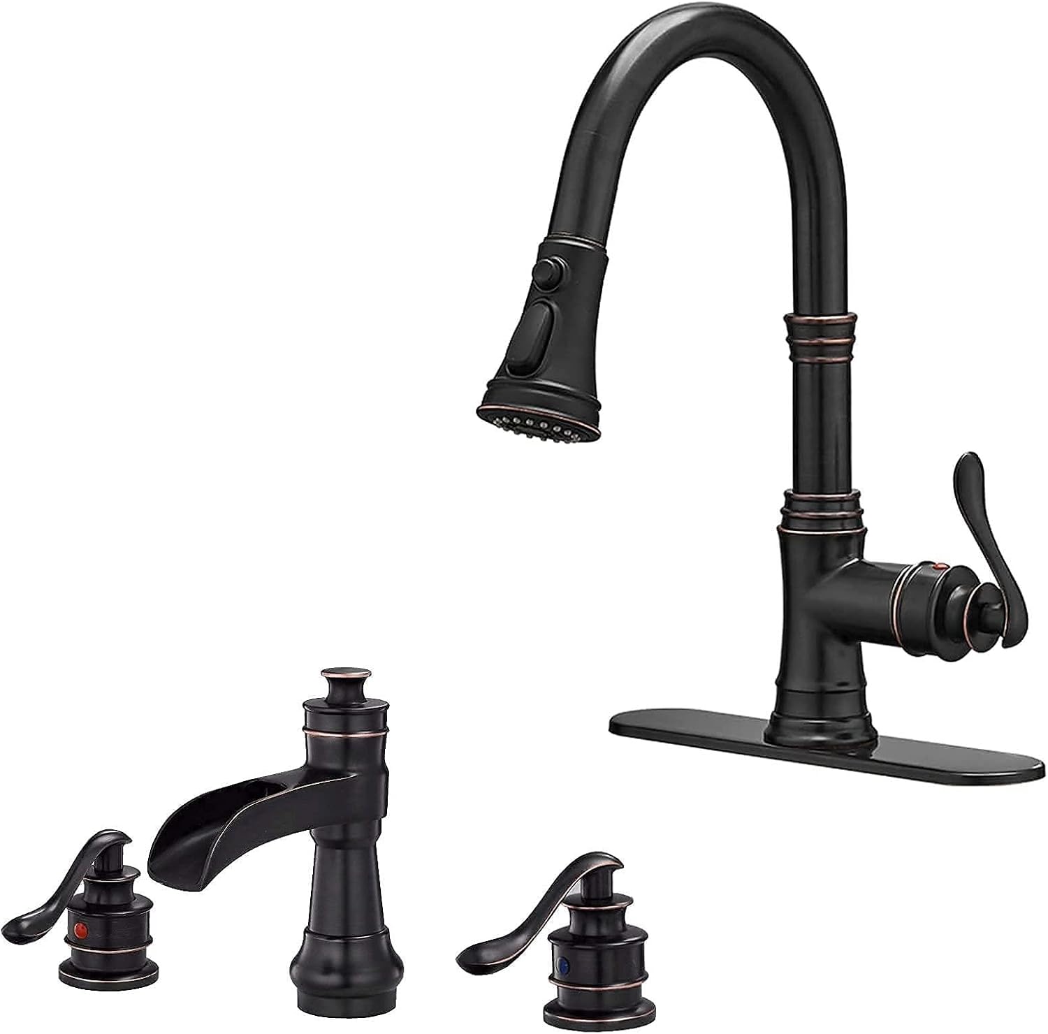 Kitchen Sink Faucet with Pull Out Sprayer 3 Spray Modes Single Handle Singe Lever Bundle Oil Rubbed Bronze Bathroom Faucet Waterfall Single Handle Single Hole Lavatory Faucet