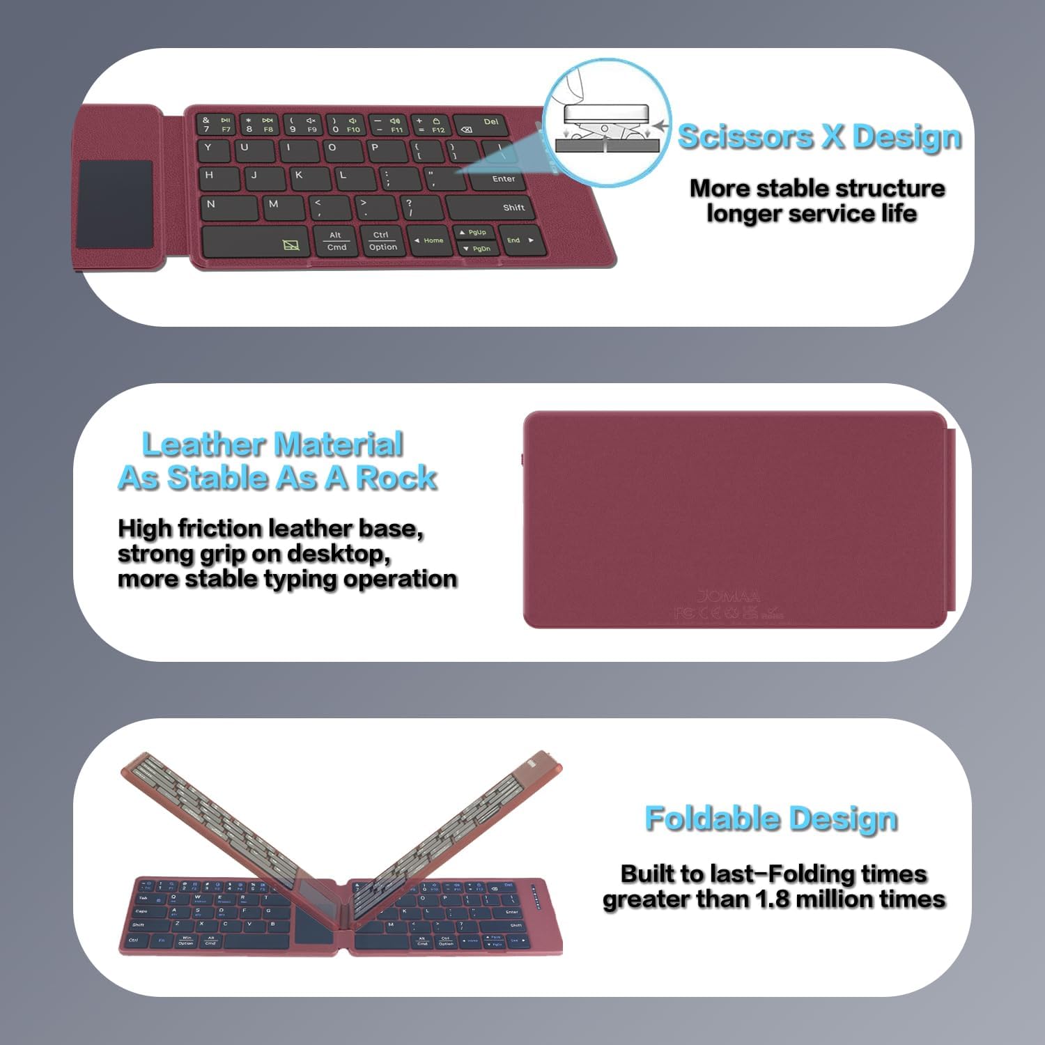JOMAA 2-Fold Leather Bluetooth Keyboard with Touchpad, Ultra-Thin Portable for Windows/Mac/iOS/Android, 3 Devices Simultaneous Connection, Compact Foldable Design for Tablet, Phone, PC (Red)