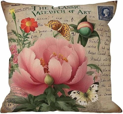 HGOD DESIGNS Funda de almohada de peonía con sello de mariposa vintage, estilo retro, letra rosa, amarillo, verde, fundas de almohada decorativas