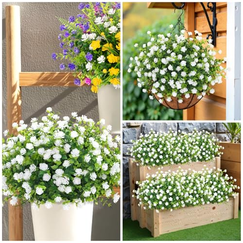 Image of Artificial Flowers for Outdoors Decoration UV Resistant, White | faux plants, fake plastic eucalyptus, greenery stems, indoor outdoor use, Garden fence patio window box porch planter decor