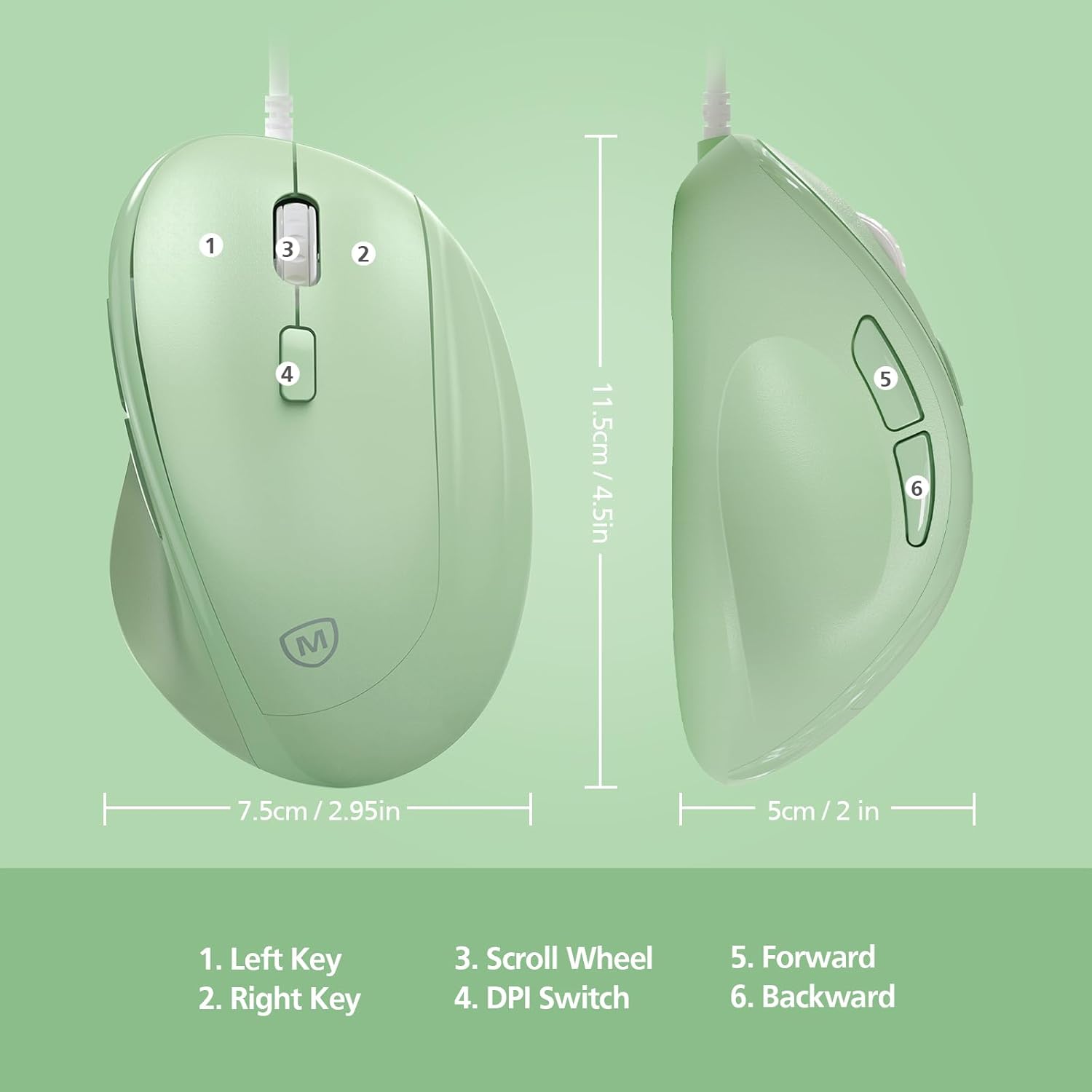 Micropack Ergonomic Mouse Wired for Laptop, PC Computer and Desktop, Ergo Mouse Vertical with Silent Clicks, Up to 3200 DPI Adjustable Mouse Sensitivity, Green - 3