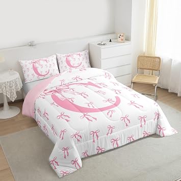 Erosebridal Pink Initial C Princess Comforter Set Twin Kawaii Watercolor Bowknot Bedding Set Romantic Ribbon Letter Bow Down Comforter Initial A-Z Bow Tie Aesthetic Duvet Insert