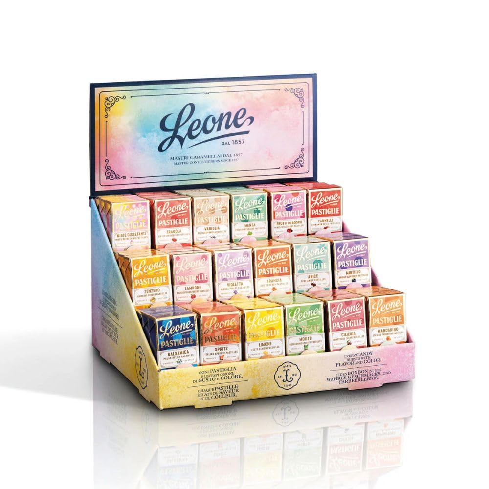 Caramelle Pastiglie Leone - Espositore 54 scatolette Pastiglie Miste Dissetanti assortite da 27g - Le mitiche Pastiglie Senza Coloranti Artificiali e Senza Glutine - Prodotto Vegano -