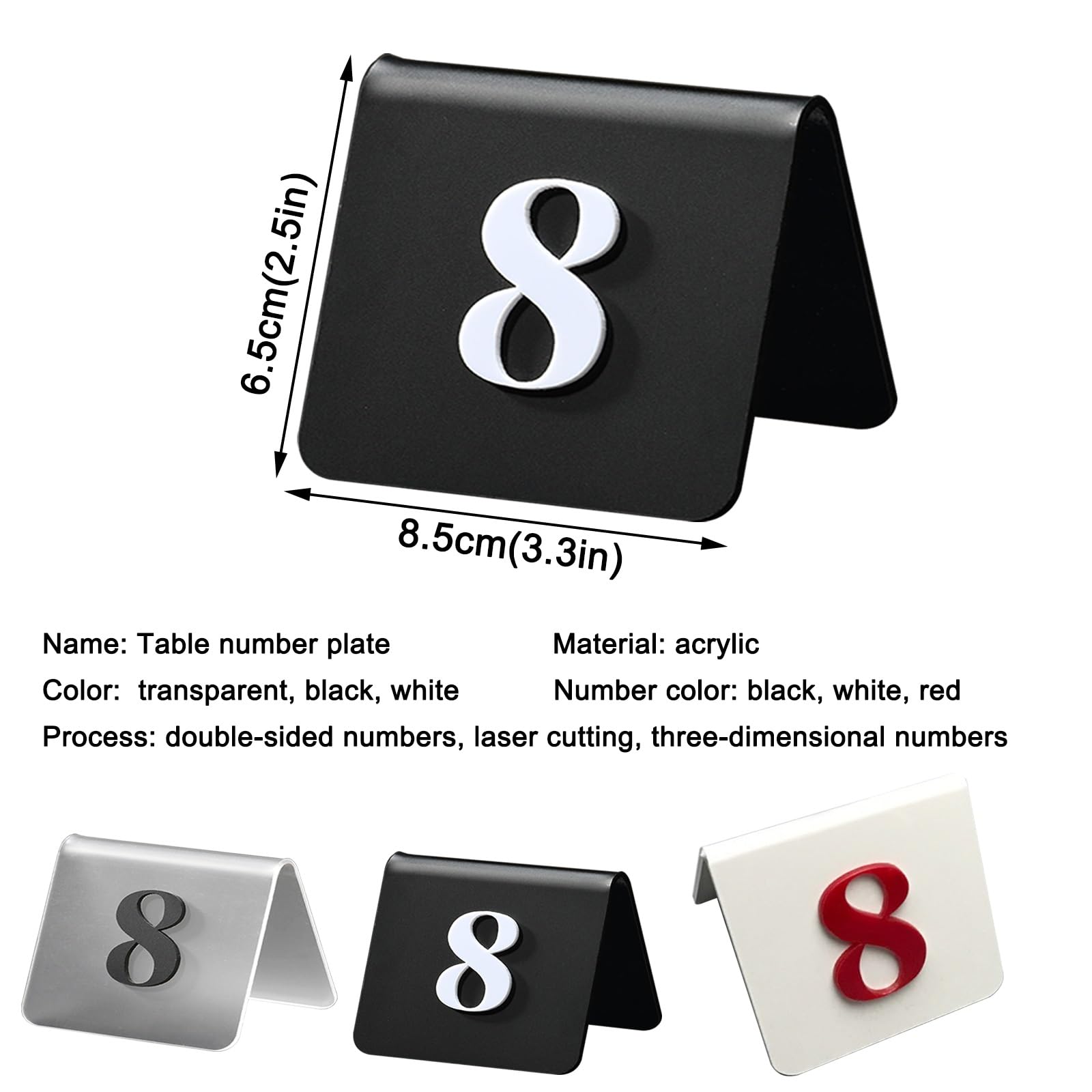 Karty z numerami stolików, Akrylowe dwustronne numery stołów 3D Stojak na namiot Wielokolorowy 8,5 x 6,5 cm Opakowania po 10 20 30 40 50(Transparent,1-10)