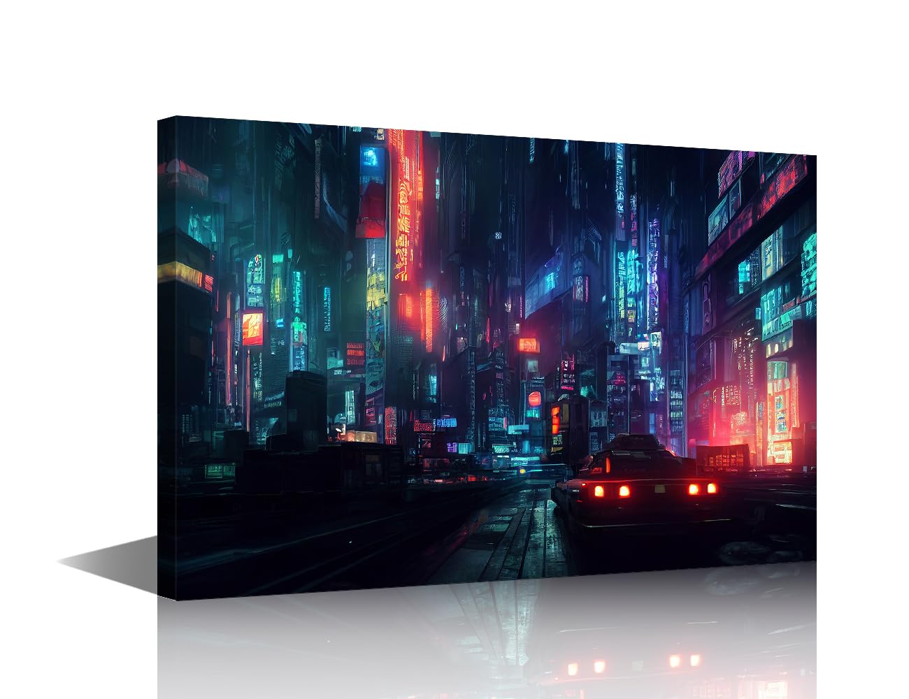Cyberpunk Style Wall Art for Living Room 1 Piece Cyberpunk City at Night with Neon Lights Picture Artwork Wall Decor Living Room Print on Canvas Framed Ready to Hang 12x18 in