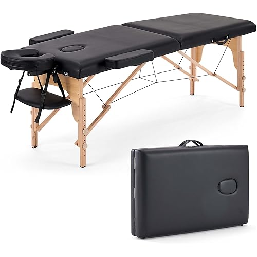 Rowill Portable Massage Table, Lightweight Sturdy Wooden Frame Massage Bed with Accessories Carrying & Non-Woven Bag, Adjustable Height, Foldable Tattoo Bed Ideal for Facial Care Spa Lash, Black