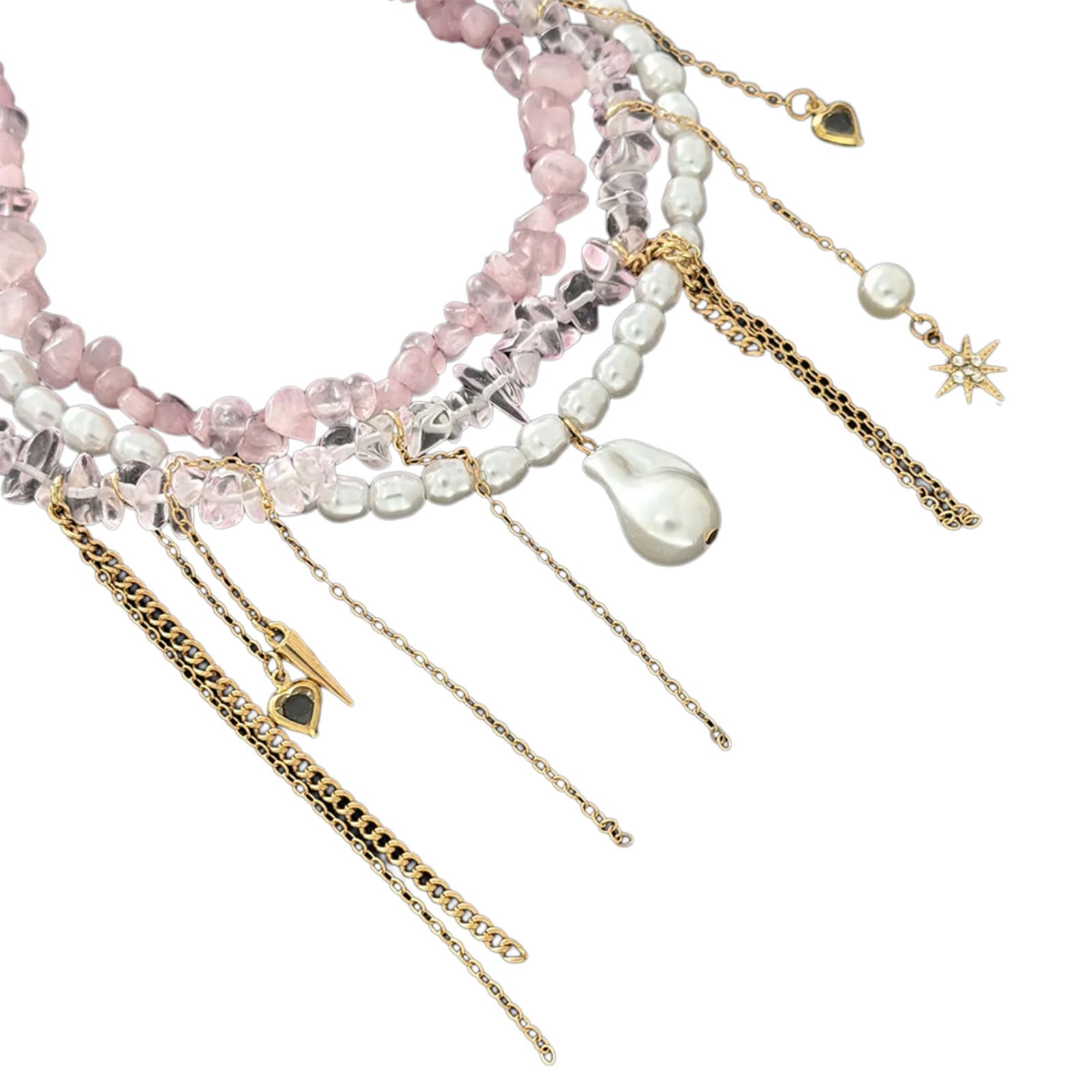 BWANGIAO Trendy Pink Stone Beaded Necklace With Pearls Accents And Tassels Detail For Women Girls Fashion Clavicle Chain Jewelry