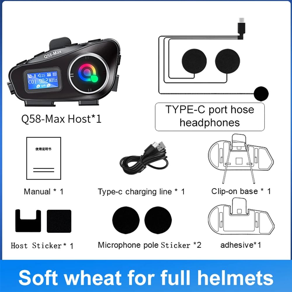 Casque Intercom Moto Q58 Max, pour 2 Pilotes Parlant en Même Temps dans Un Rayon De 500 M