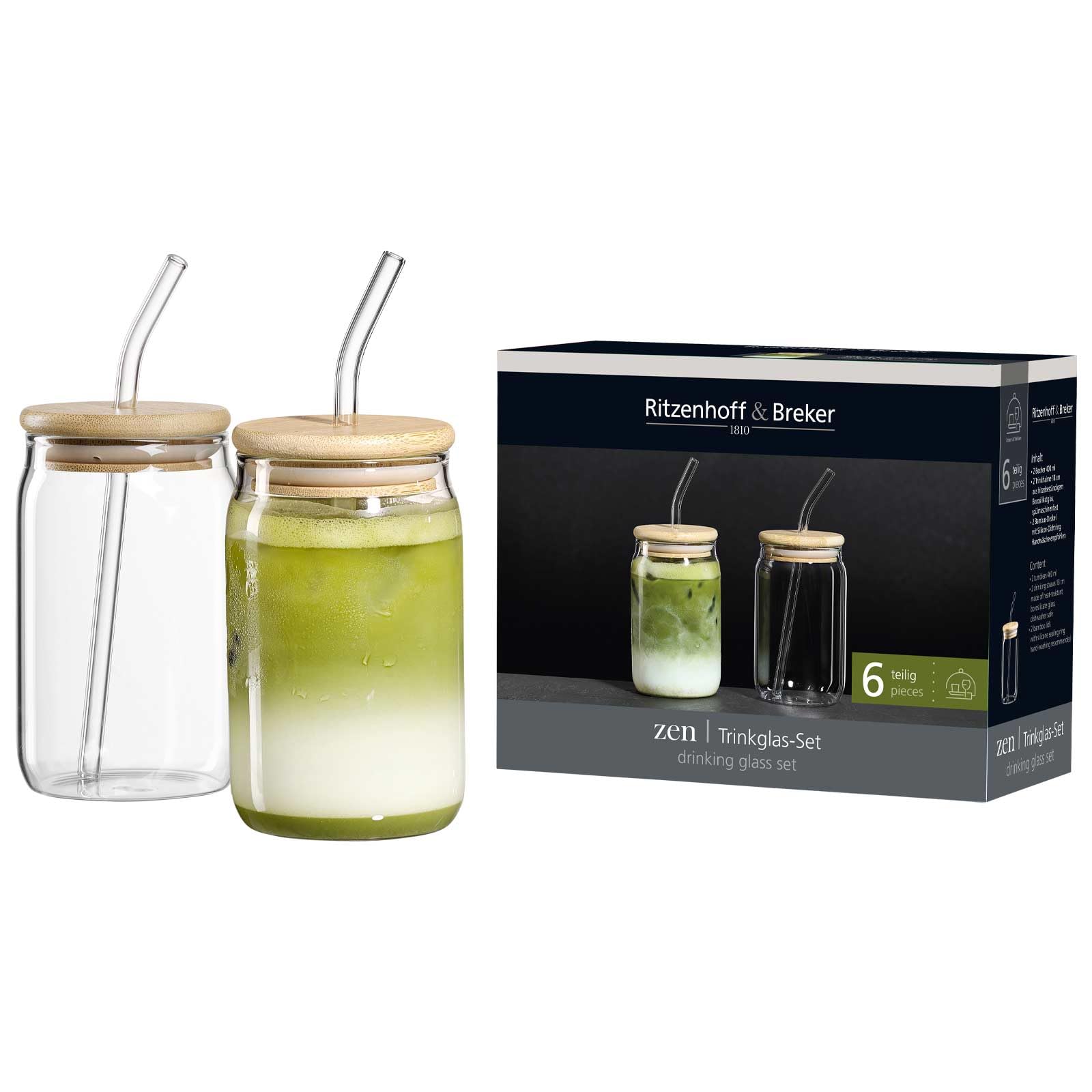 Ritzenhoff & Breker Zen Trinkgläser-Set 6-teilig, 400 ml, Klar | Robuste Gläser aus Borosilikatglas, Becher mit Trinkhalmen und Bambus-Deckeln, Spülmaschinenfest & Hitzebeständig