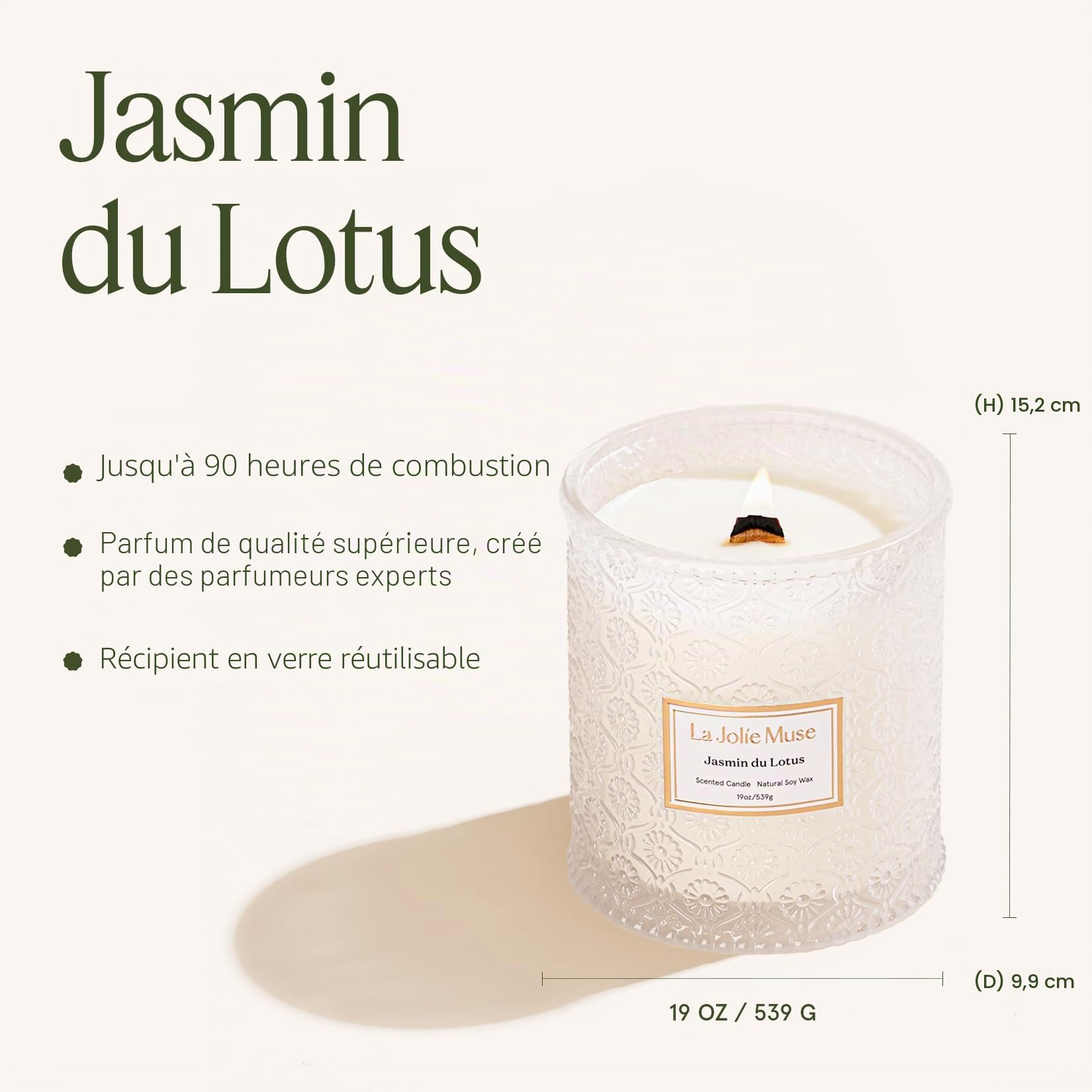 La Jolíe Muse Bougie parfumée au jasmin, bougie pour la fête des mères, bougie parfumée avec mèche en bois pour femmes et hommes, grande bougie en verre pour la maison, durée de combustion de 90