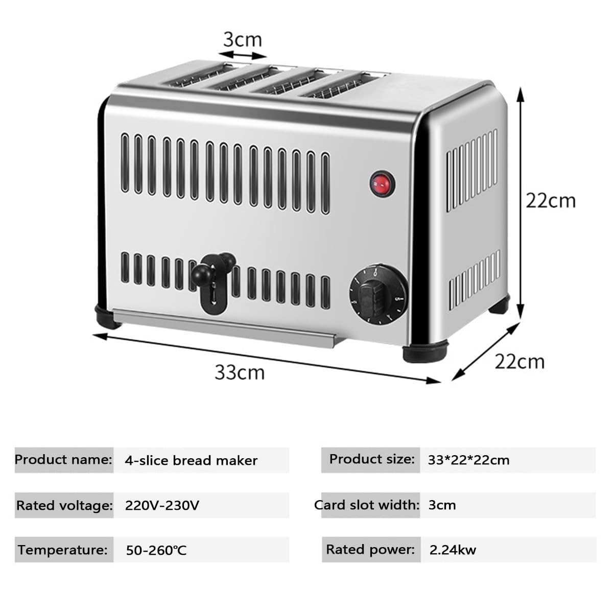 Tostadora de Pan Industrial, con Ranuras Independientes y Extra Anchas, tostadora de 2,24kW, Acero Inoxidable, Temporizador Variable, Uso Profesional y doméstico,4Slice