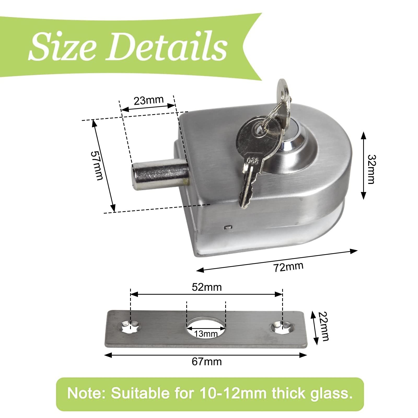 UFURMATE Frameless Silver Glass Door Lock with Keys, No Need to Drill, Suitable for 10-12mm Thick Glass - Image 2