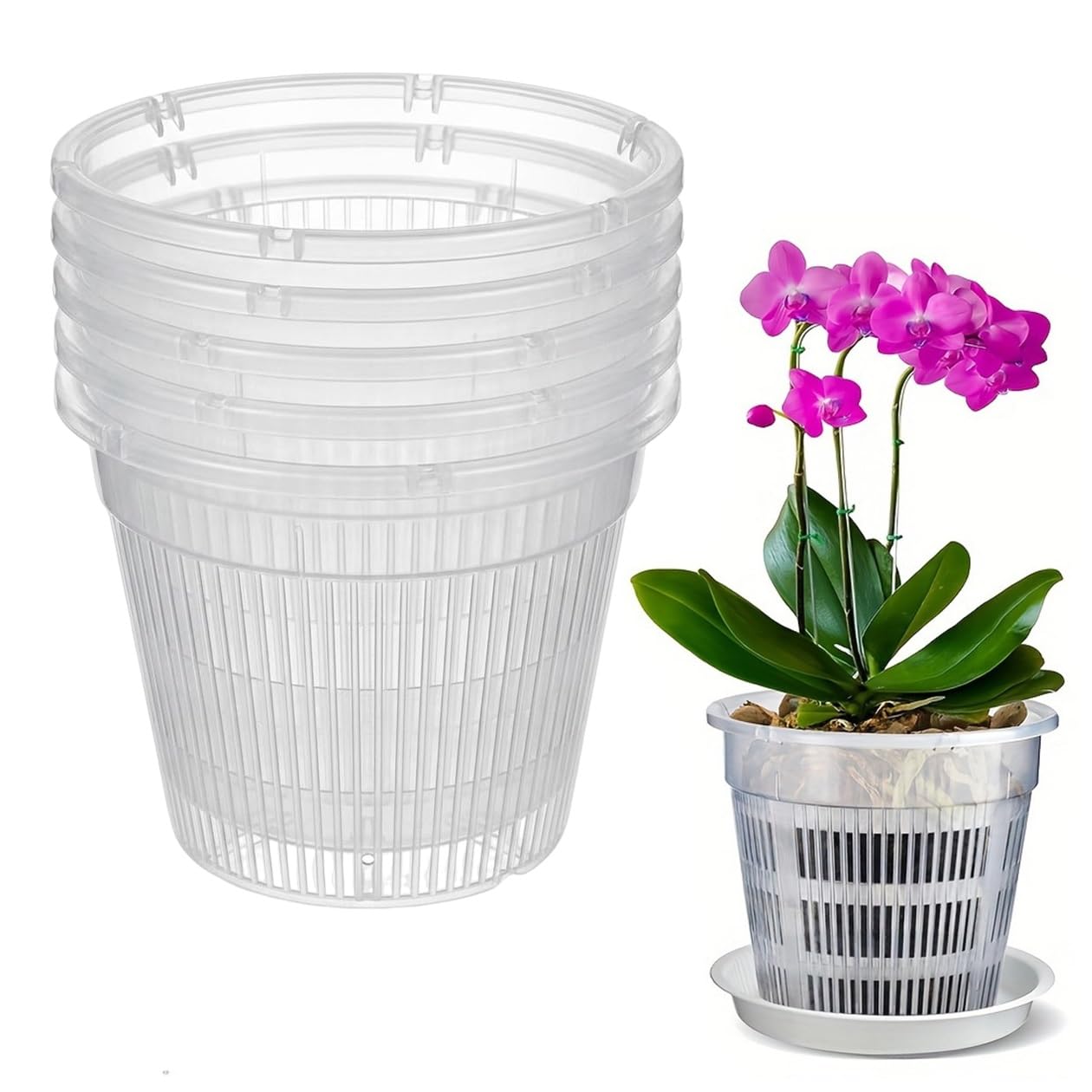 MEKLITRZ Orchid Pot, 6 Pack Orchid Pots with Holes and Saucers, Clear Orchid Pots for Repotting, Plastic Flower Plant Pot for Indoor Outdoor Plants, Slotted Orchids Planter for Root Health(14cm)