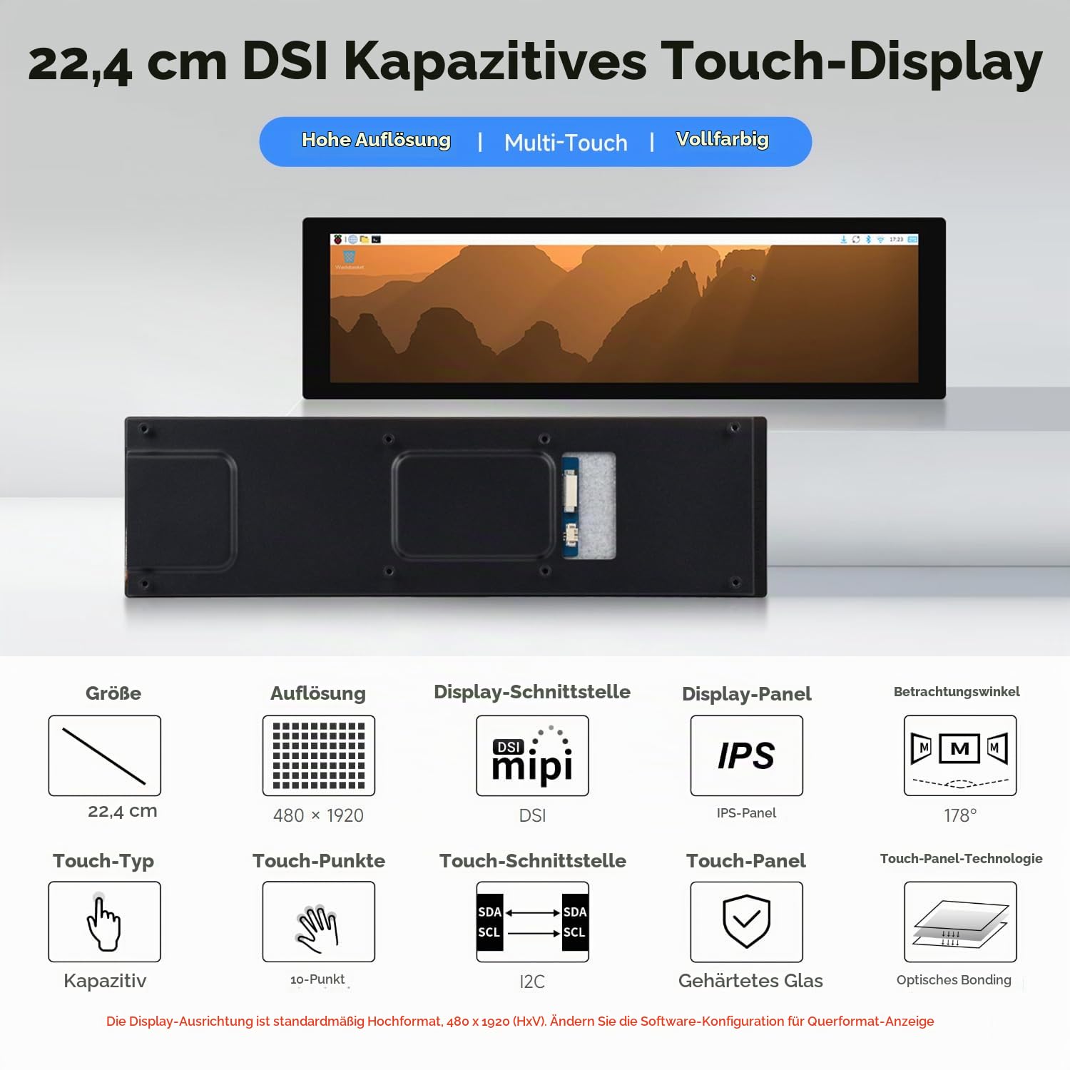Waveshare 8.8inch DSI Capacitive Touch Display, IPS Panel, 480x1920 Resolution, 10-Point Touch, Supports Backlight Adjustment Via Software