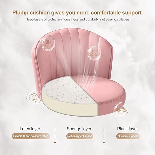 Miniatura 5 de Silla pequeña redonda de escritorio con ruedas, cómoda silla de tocador para computadora con respaldo bajo, piel sintética, altura ajustable,