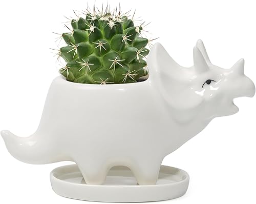Miniatura 9 de Adorable maceta de cerámica para suculentas de dinosaurio con drenaje para decoración del hogar, maceta de animales, recipiente de cerámica blanca