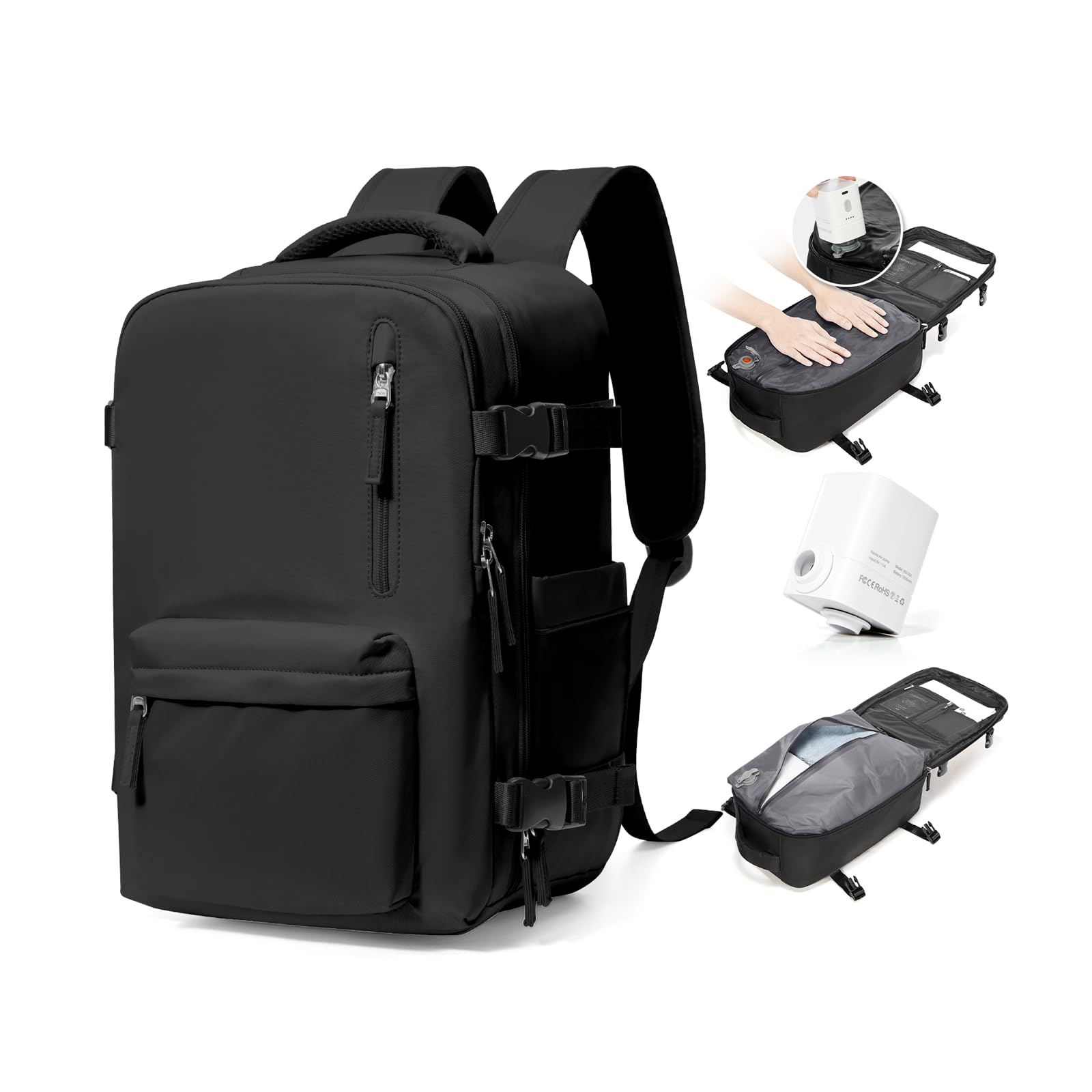 BJLFS Zaino Ryanair 40x30x20 Sottovuoto con Pompa Zaino da Viaggio Ryanair 40x20x25 Borse da Cabina per Wizzair Bagaglio a mano Easyjet 45x36x20 Sottovuoto Zaino Casual,Nero