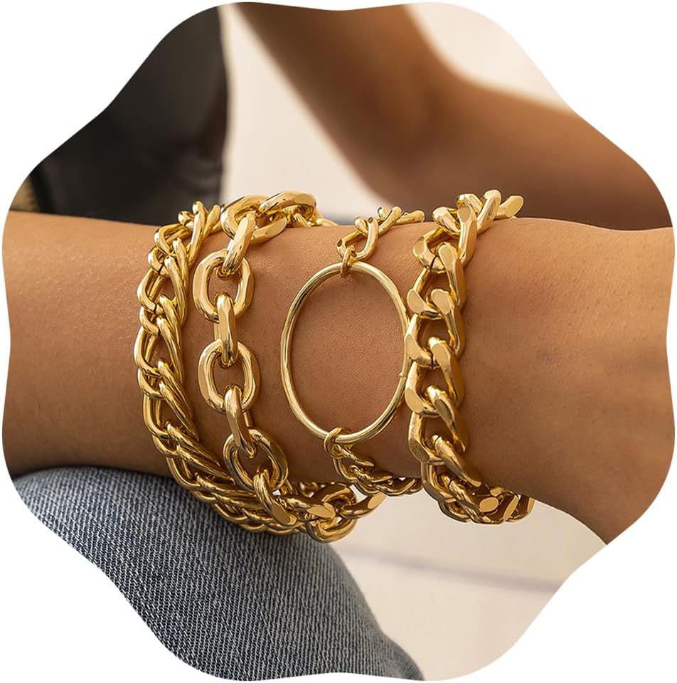 JWICOS Gold Thick Chain Bracelet for Women and Girls Charm Boho Bracelet for Teen Girls Women Flat Cable Thick Chain Bracelet with Circle Set of 4 (Gold),Metal, Metal