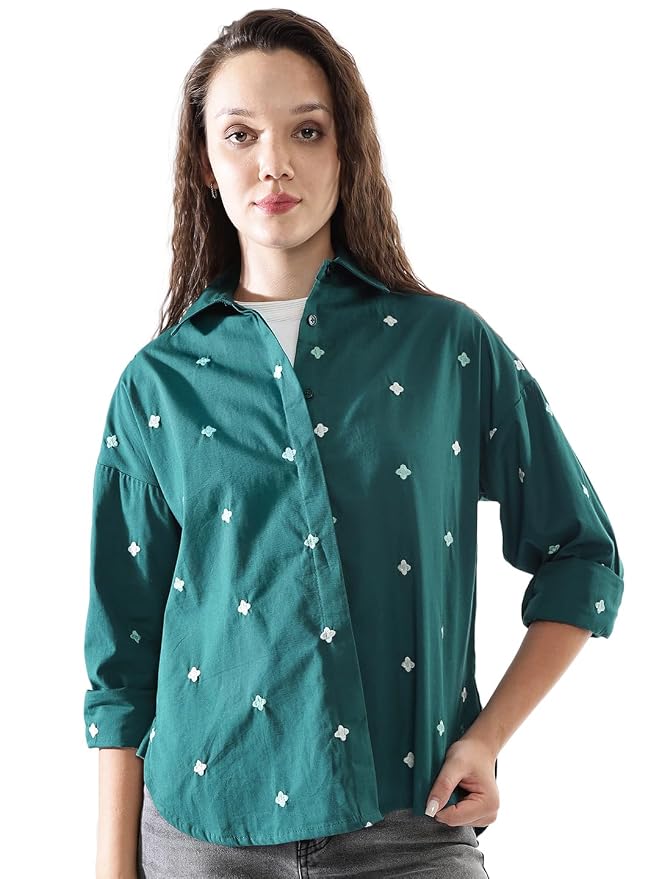 High Star Women Embroidered Oversized Spread Collar Long Sleeves Shirts