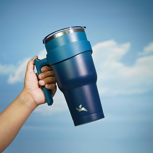 Miniatura 5 de Vaso de 30 onzas con asa y 2 pajillas, 2 tapas, botella de agua aislada de acero inoxidable al vacío, taza de viaje reutilizable, color negro índigo