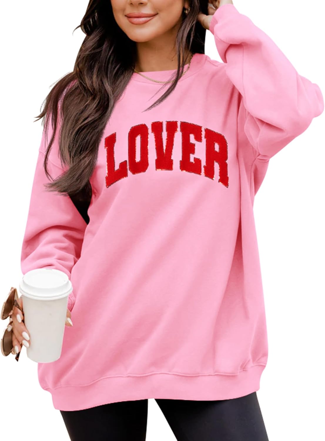 LETSEE Womens Valentine Crewneck Sweatshirt Letter Chenille Patch Long Sleeve Pullover Tops Oversized Clothes