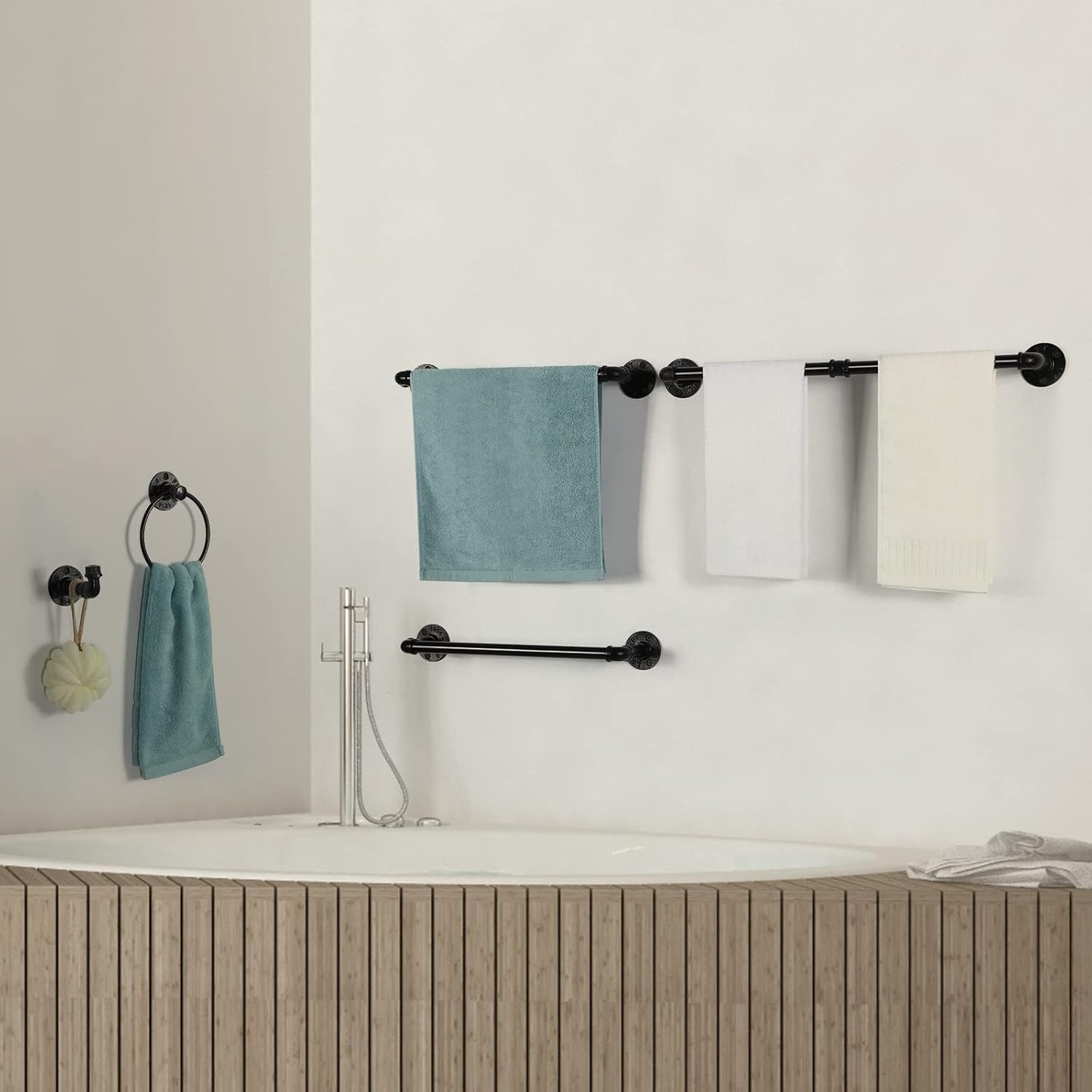 13-Pieces Towel Bar Set Black Bathroom Hardware Set Industrial Pipe Bath Towel Rack Accessories Kit Wall Hand Towel Bar, Toilet Paper Holder, Towel Ring, Robe Towel Hooks, Kitchen Tissue Paper Hanger