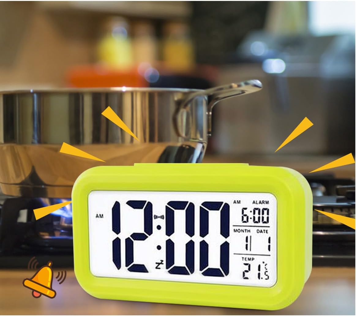 Digital Alarm Clock with LCD Display, Desk Smart Electronic Small Clock with Indoor Temperature, Date, Light Sensor, Backlight, Battery Operated, for Home Bedroom Kids Office (Green) image 4