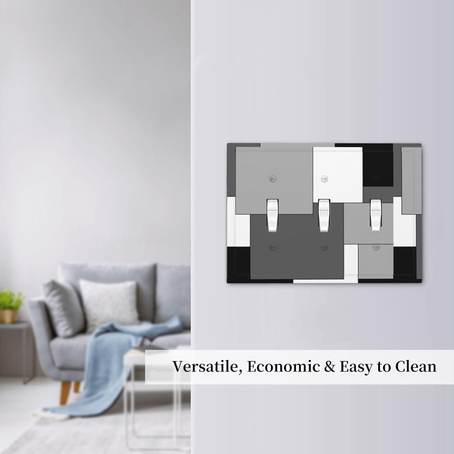 Asondarne Black Grey White 3 Gang Triple Toggle Decorative Gray Abstract Geometric Light Switch Covers Electrical Wall Plates Receptacle Switchplate Faceplates for Bathroom Home