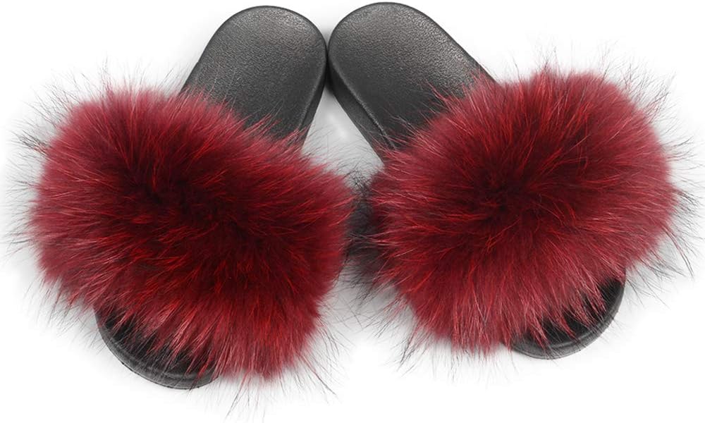 Jancoco Max Womens Fur Sliders Slippers Raccoon Fur Furry Slides Fashion Flat Soft Open Toe Fluffy Sandals