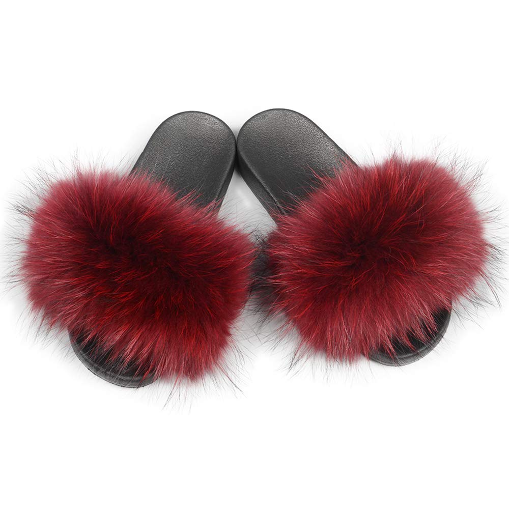 Jancoco Max Womens Luxury Real Raccoon Fur Slides Slippers Furry Sliders  Fashion Flat Soles Soft Summer Flip Flop Sandals