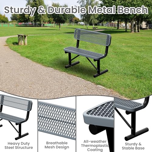 Image of 4ft Gray Metal Park Bench with Backrest, Heavy Duty Outdoor Benches Weatherproof Steel Long Playground Bench Seats, Commercial Garden Benches Red Dock Benches for Lawn, Park, Deck,Patio, Porch