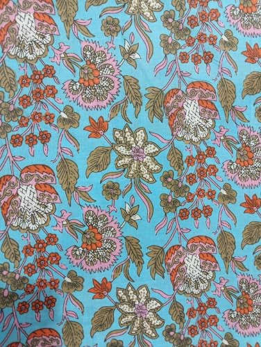Image of Doraya Pure Cotton Dress Making Fabric Sanganeri Print Jaipuri Hand Block Printed Unstitched Dress Material for Women Blouse /Plazzo,Kurti /Lehenga Piece Womens 43 inch Inches Width (Blue 7, 3 Meter)
