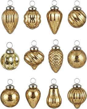 Serene Spaces Living Set of 12 Mini Light Gold Mercury Glass Ornaments for Holiday Decor, Measures 1.5" Long and 1.5" Diameter