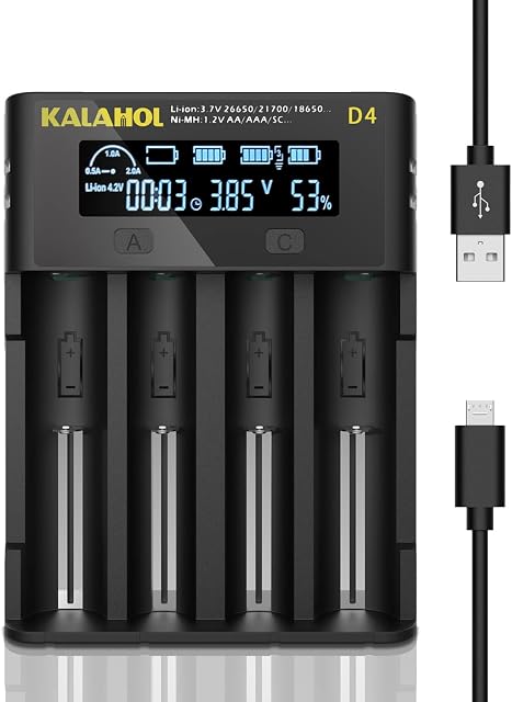 18650 Battery Charger, KALAHOL Rechargeable Battery Charger, 4-Slot Universal Battery Charger, Super Fast Charging, LCD Display with Micro USB for Li-ion Batteries 18650 26650, Ni-MH/Ni-Cd A AA AAA