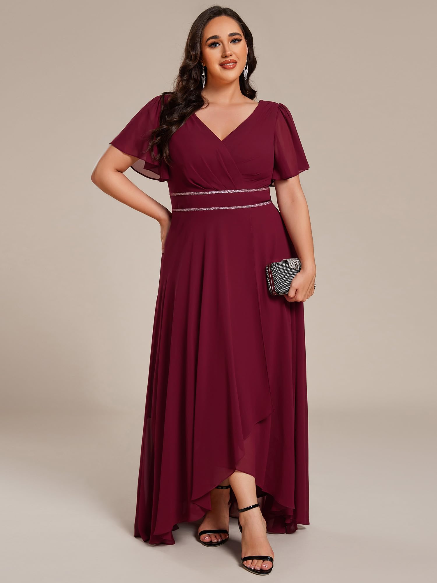 Ever-Pretty Plus Abito da sera formale da donna con scollo a V in chiffon con perline pieghettate maniche corte lunghezza tè plus size abiti da sera formali 41981-, Borgogna, 52
