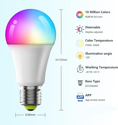 Vista 2 de Bombillas LED inteligentes, bombillas Bluetooth, bombillas RGB+CCT que cambian de color con control de aplicación, A19, E26, sincronización