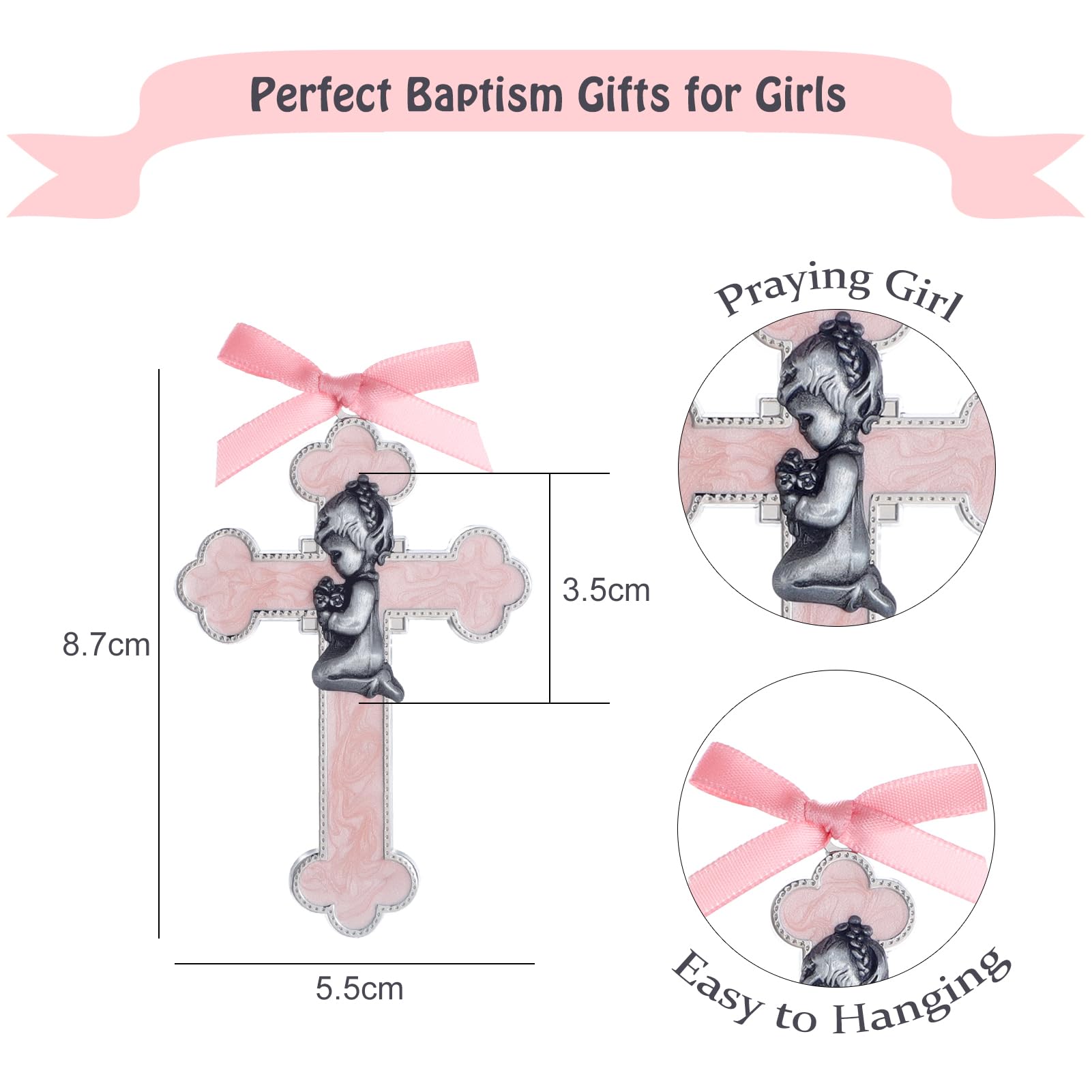 KOMI Pink Baby Wall Cross Baptism Gifts for Girls Praying Boy Cross Wall Hanging Decor Religious Catholic Baptism First Holy Communion Gifts