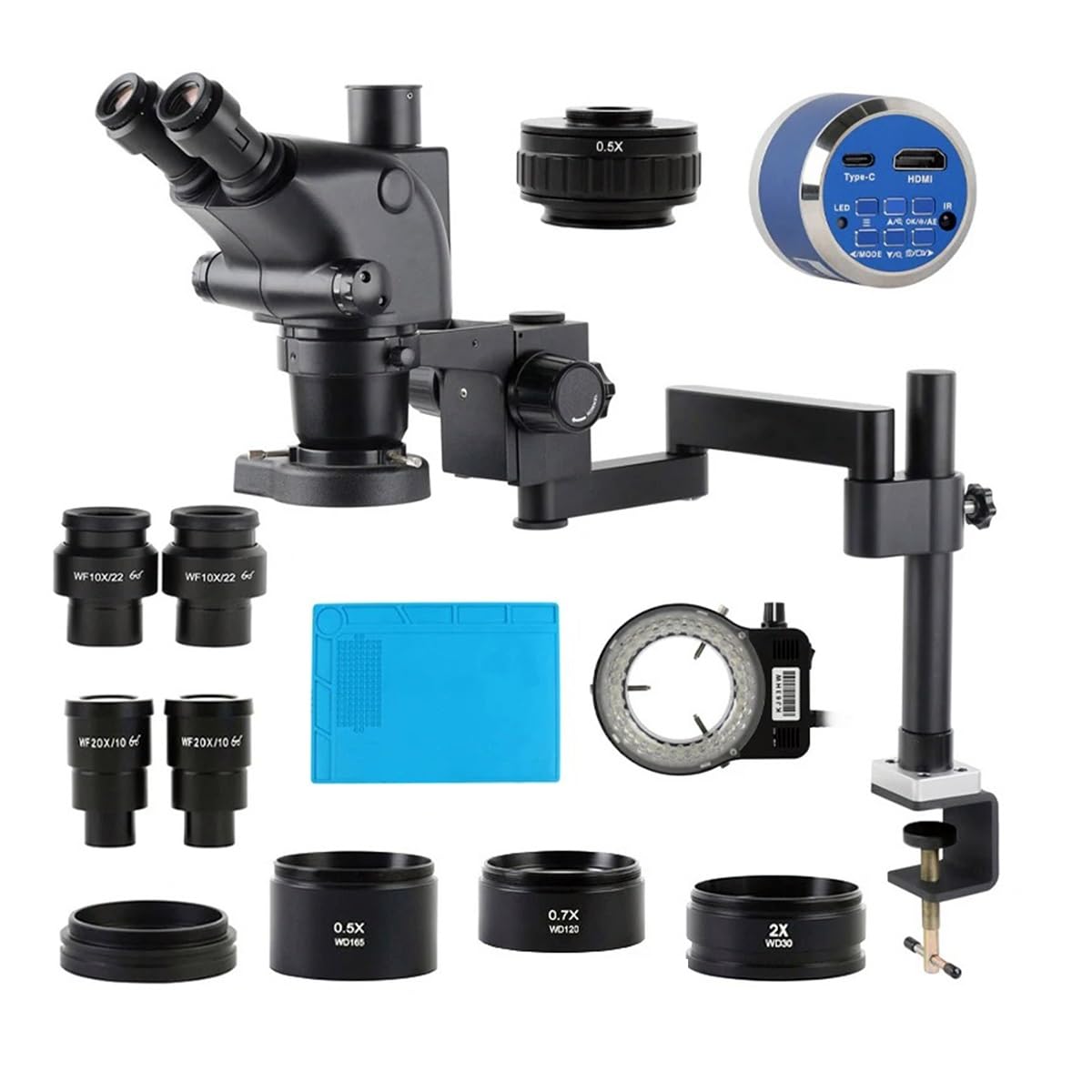 Kit di Accessori per microscopio Microscopio trinoculare Stereo 3,25X-260X 12MP 48MP 55MP 4K 2K HDMI USB VGA Tipo-c Fotocamera + Morsetto Base di Estensione Pie(Un Tipo HDMI 4K da 12 MP)