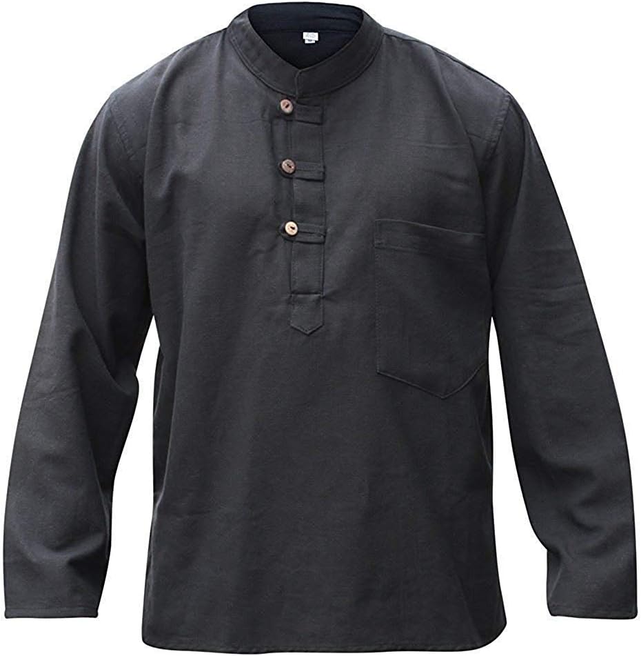 Shopoholic Fashion Men’s Plain Hemp Cotton Long Sleeve Boho Festival Hippie Grand Dad Shirt