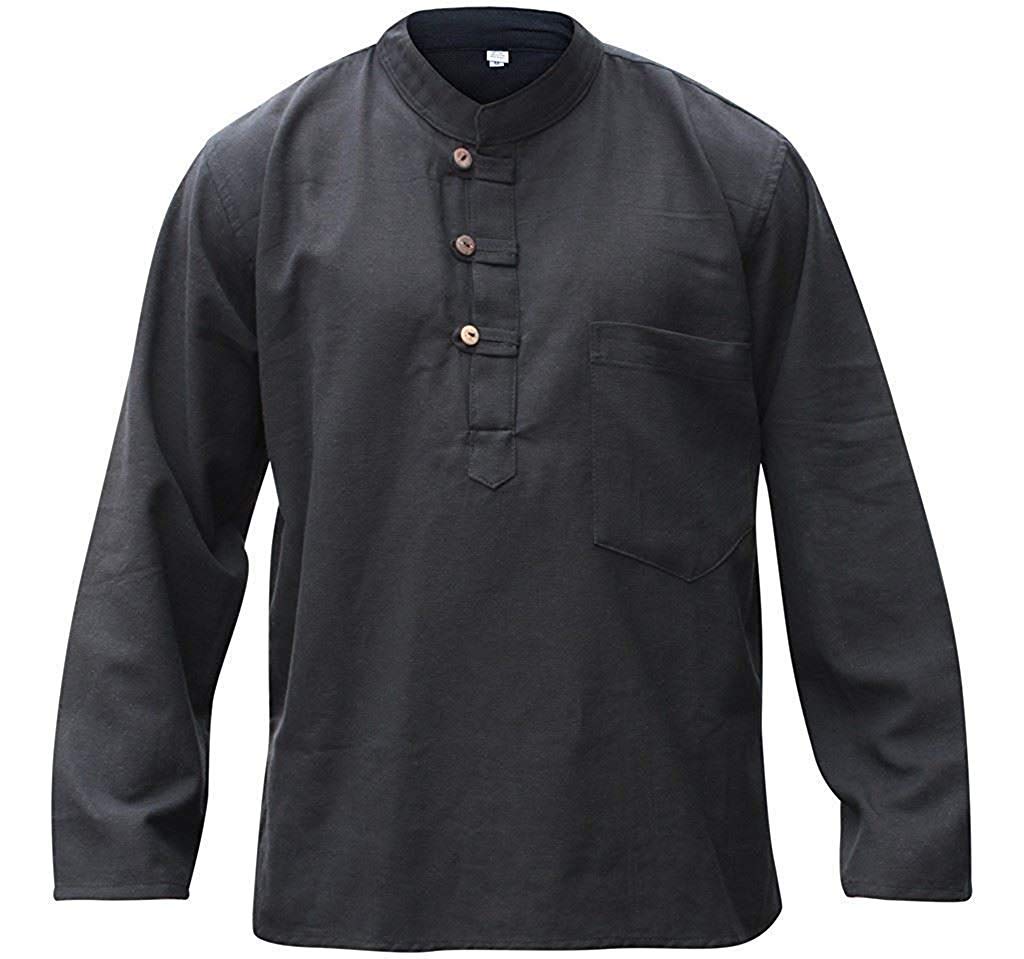 SHOPOHOLIC FASHION Plain Hemp Fabric Band Collar Hippy Grandad Shirts for Men, Black, 3XL