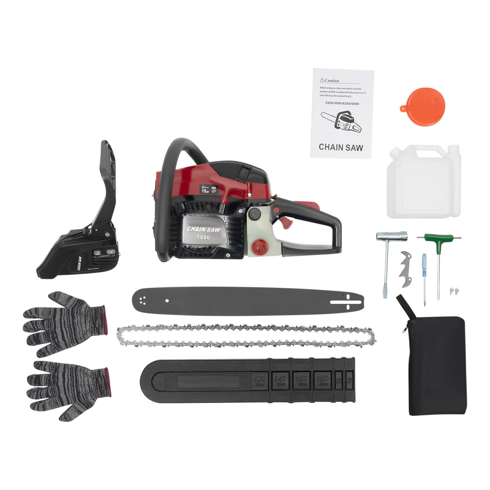 Motosierra profesional de gasolina 58 cc 5800 con riel guía de 20", motor de 2,4 kW, baja vibración y segura para leñador, jardinería, corte de madera (incluye guantes y bolsa de herramientas)