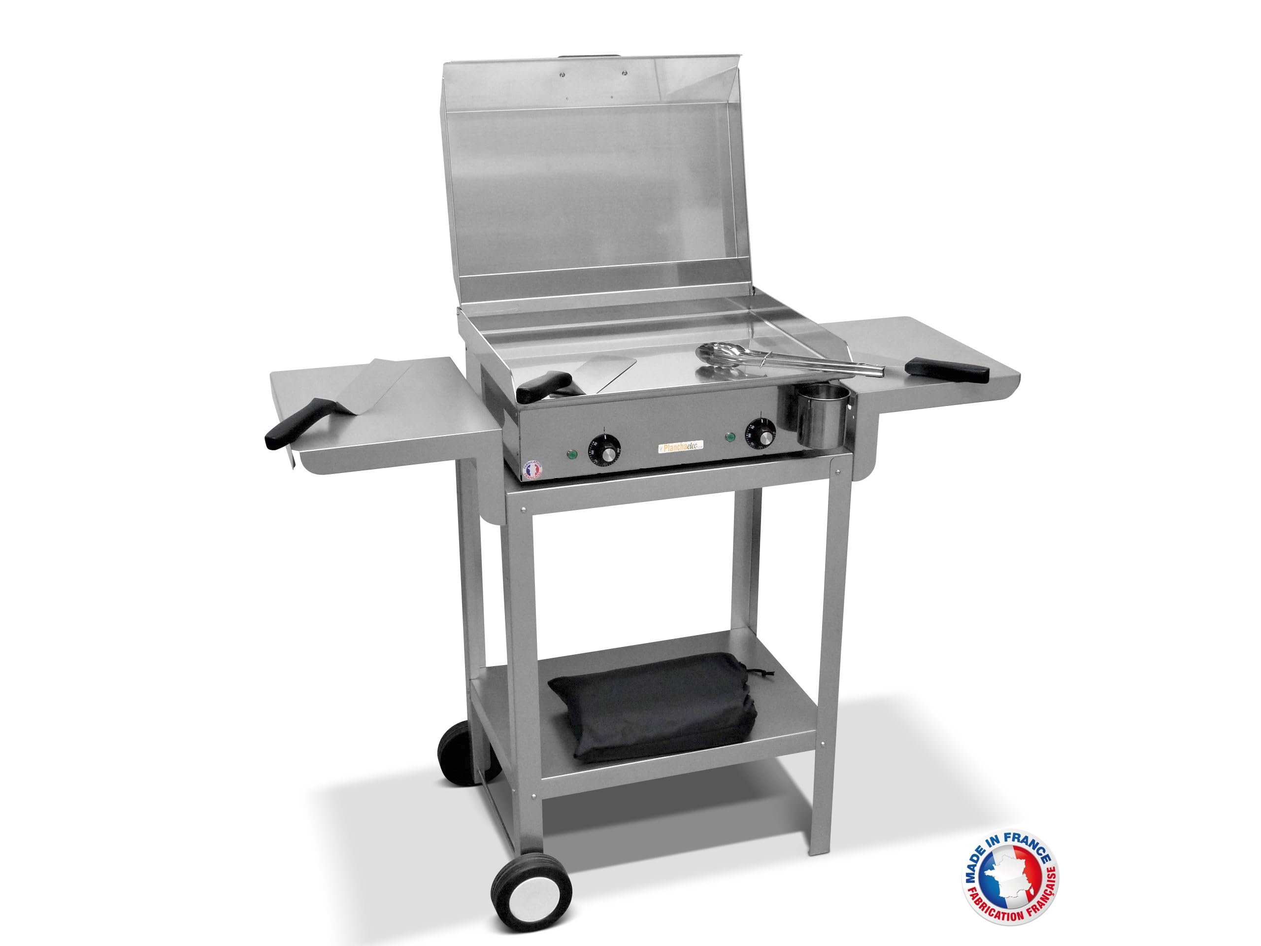 PLANCHAELEC - Pack Complet Plancha Electrique NEO E530-2400W - Chariot + Accessoires - Inox - Thermostat Réglable - 8 Personnes - Made In France - L53 X P43 X H18 cm