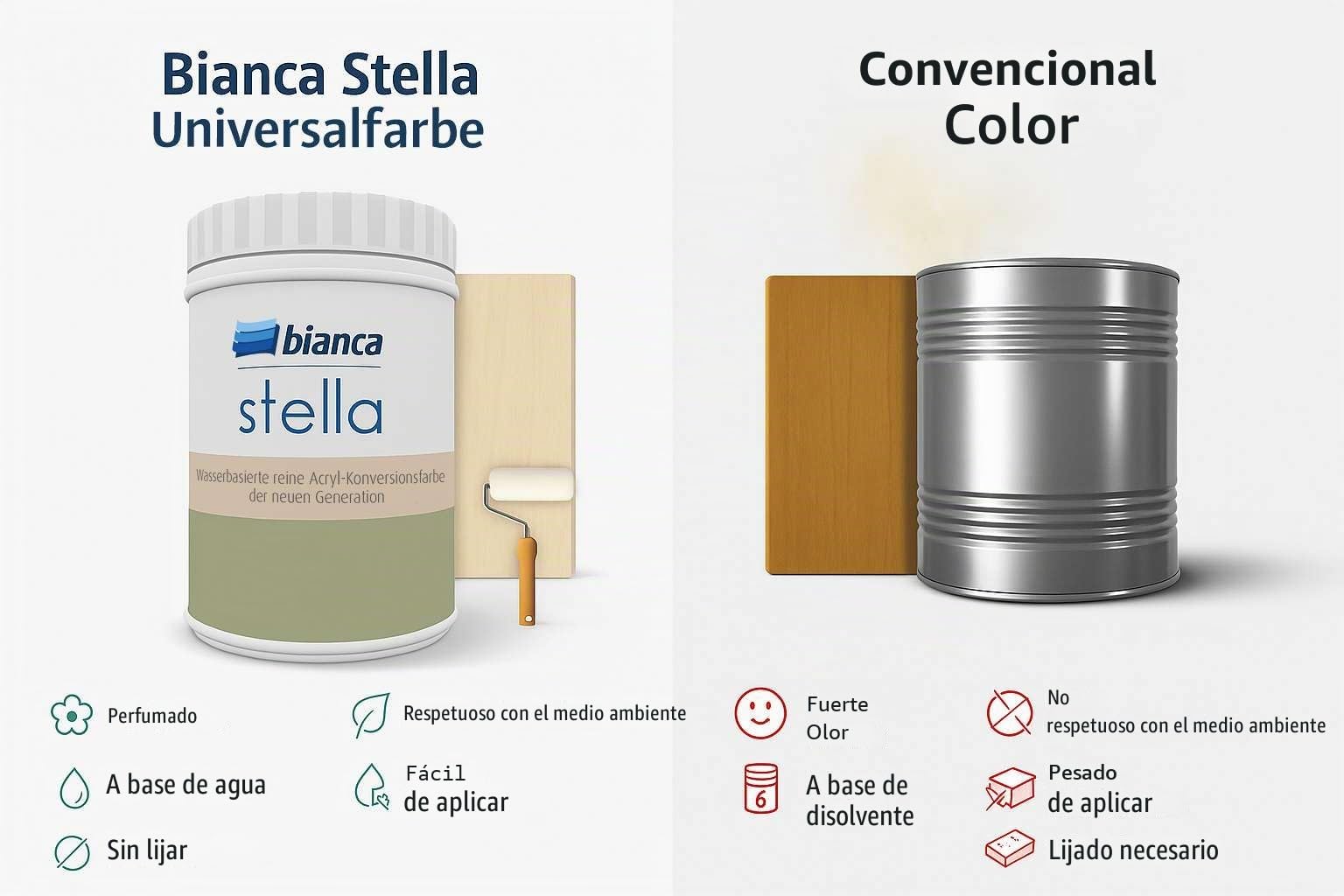 Bianca Stella Pintura para muebles premium sin lijado para cocina y baño, Verde niebla, Brillante, 1000ml, a base de agua, pintura acrílica para todas las superficies, madera, azulejos, metal