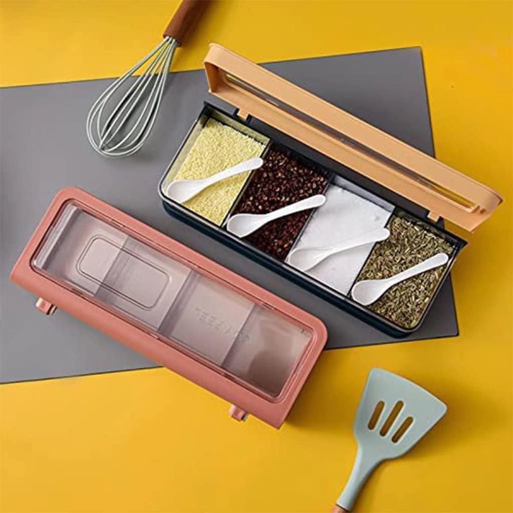 Seasoning jar Kitchen Storage Box 4 in 1 Transparent Seasoning Storage Container Salt, Pepper, Sugar, Spices, Starch Spoon (Yellow)