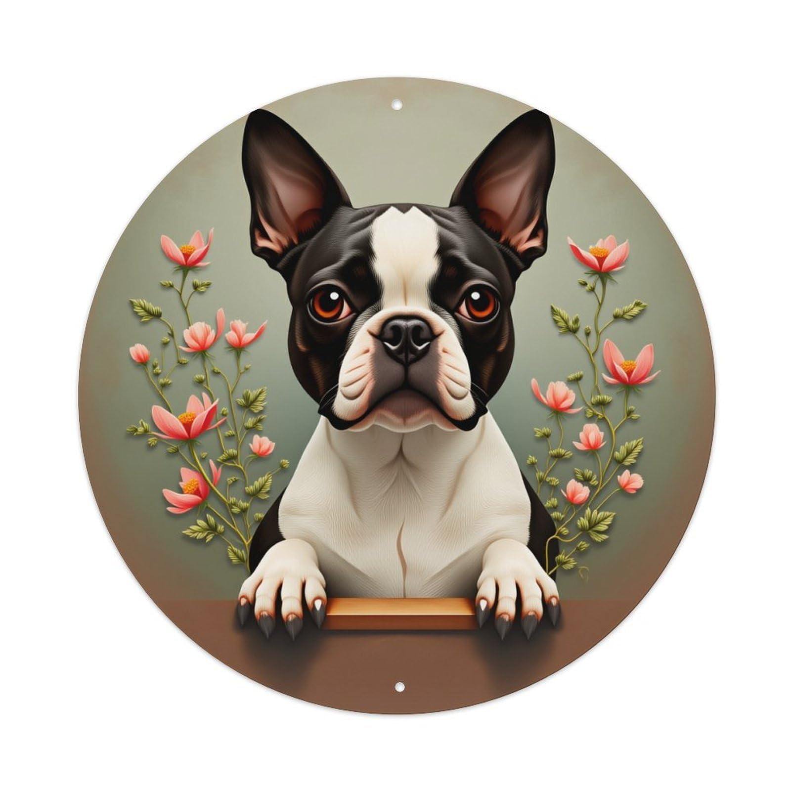 Boston Terrier With Flowers And Green Leaves Round Vintage Tin Sign,Retro Wall Art,Metal Poster for Home, Bar, Garage, Cafe, Rustic Indoor & Outdoor Decor, 8x8 Inches