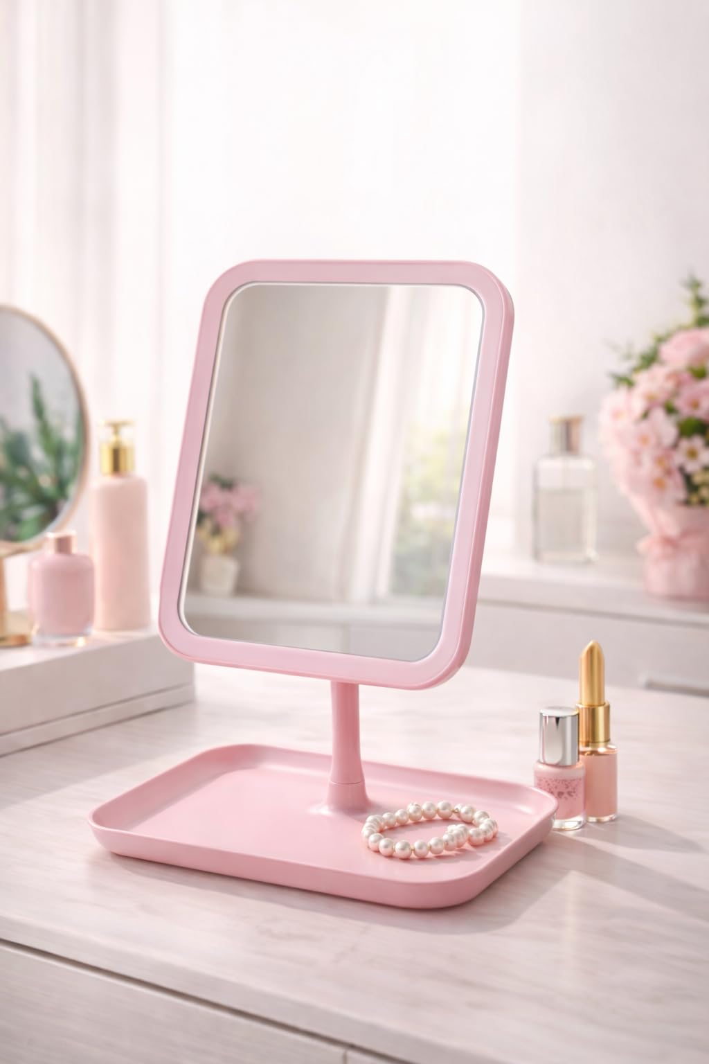CHIBRO Square Dish Beauty Mirror with Stand | 270° Adjustable Foldable Vanity Mirror for Makeup, Dressing & Travel | Portable Tabletop Mirror with Storage Base (Pink)