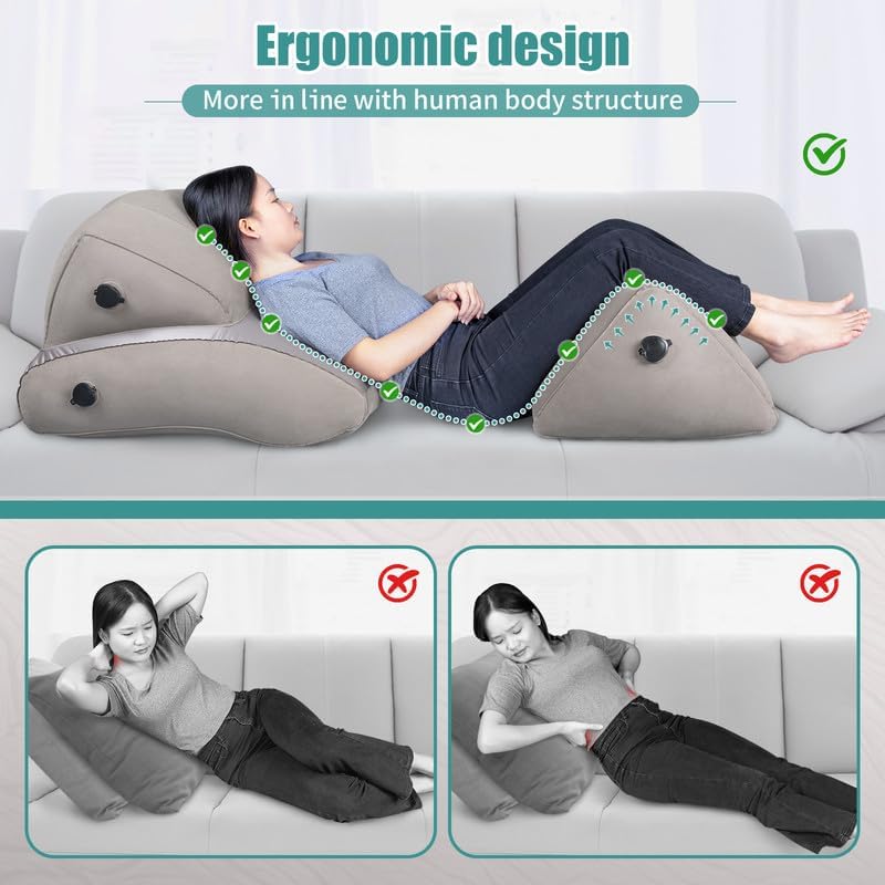 SAHEYER Inflatable Bed Wedge Pillow Set, 2 PCS Post Surgery Support Pillow for Back, Knees, Leg Pain Relief, Adjustable Sitting Pillows for Anti Snoring, Heartburn, GERD Sleeping (Grey)