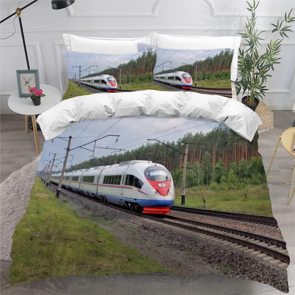 Pociąg zestaw poszewek na kołdrę tory kolejowe poszewki na kołdrę miękka mikrofibra poszewka na kołdrę rozmiar cesarski 290 x 235 cm poszewka na kołdrę 3D z zamkiem błyskawicznym i 2 poszewkami na
