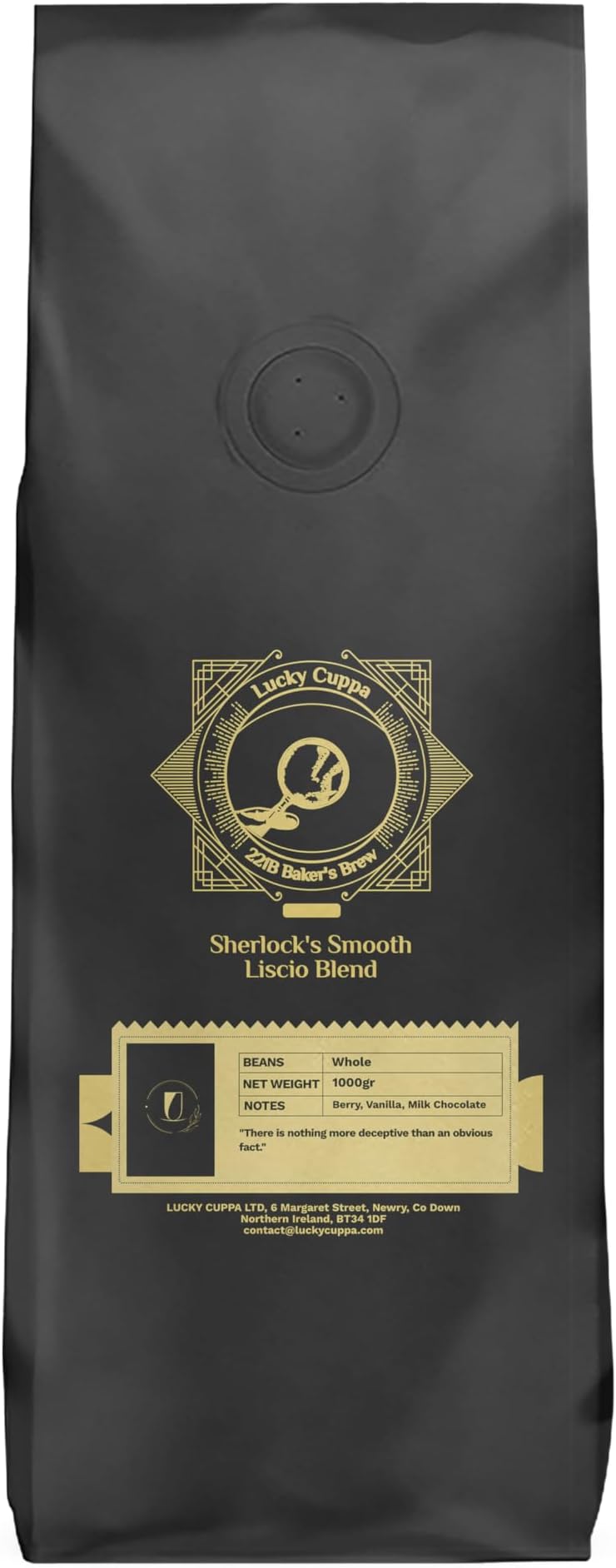 Lucky Cuppa"221b Bakers Brew" Sherlock's Smooth Liscio Blend Coffee Bag - Medium Roast Arabica Coffee Beans - Whole Coffee Beans - Sherlock Holmes Gifts for Men - 1kg