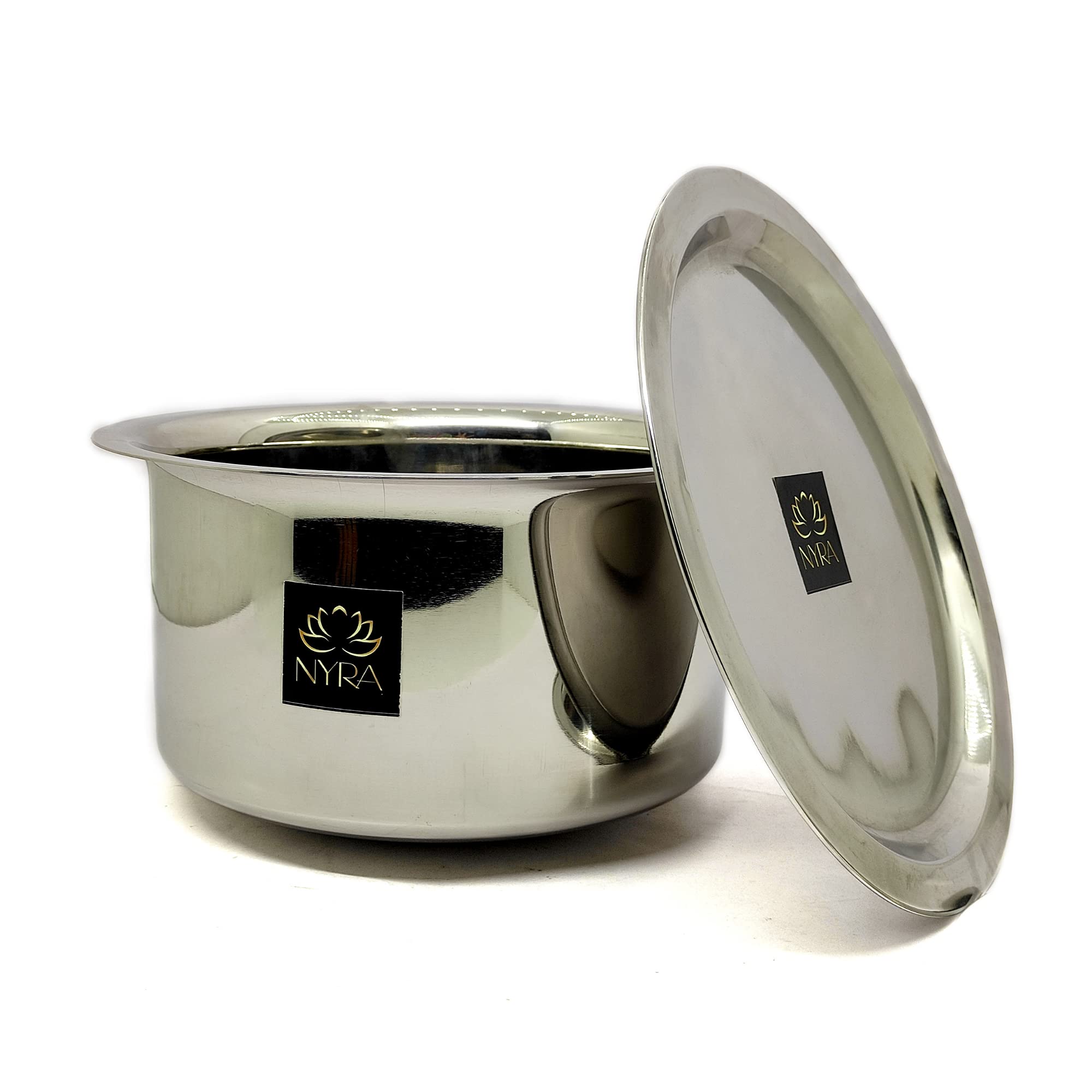 NYRA Stainless Steel Tope with Lid, Gas Compatible Bhagona, Round Bottom Pateela, Bhagauna, Patila for Boiling Rice & Milk - Available in 7 Sizes (2 Liter - Small)-image-45